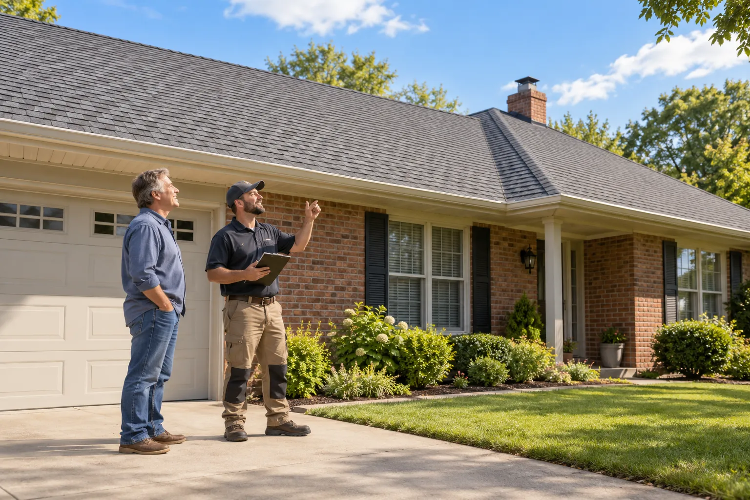 Homeowner and roofing provider reviewing a new shingle roof from the driveway in San Antonio
